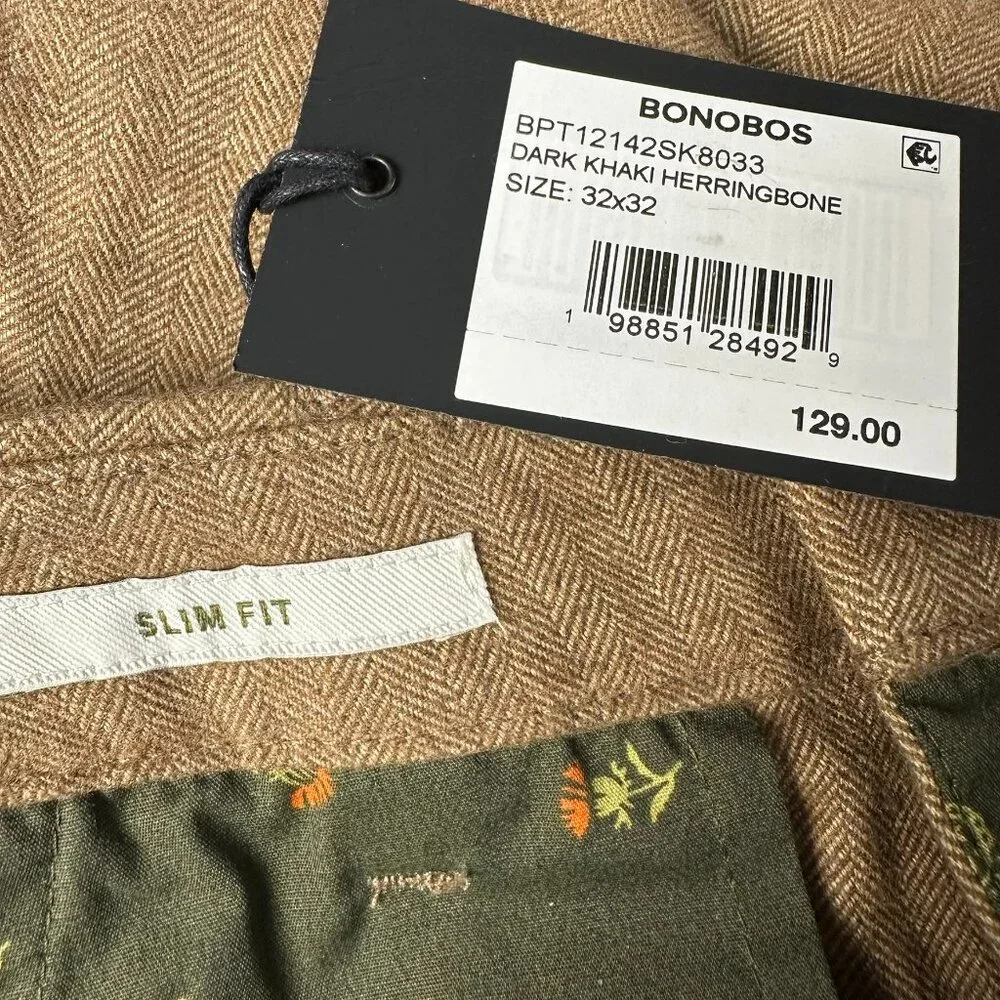 Bonobos Flat Front Brushed Cotton Slim‎ Herringbone Chino, Size W32 x L32, Khaki